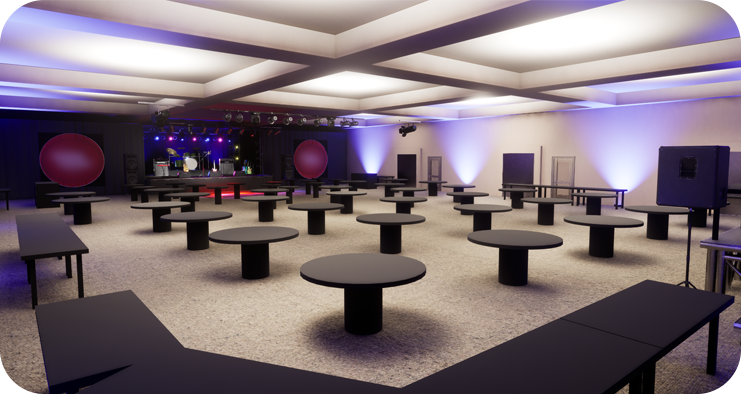 3D render of an event set up in a ballroom with a stage at the far end of the room