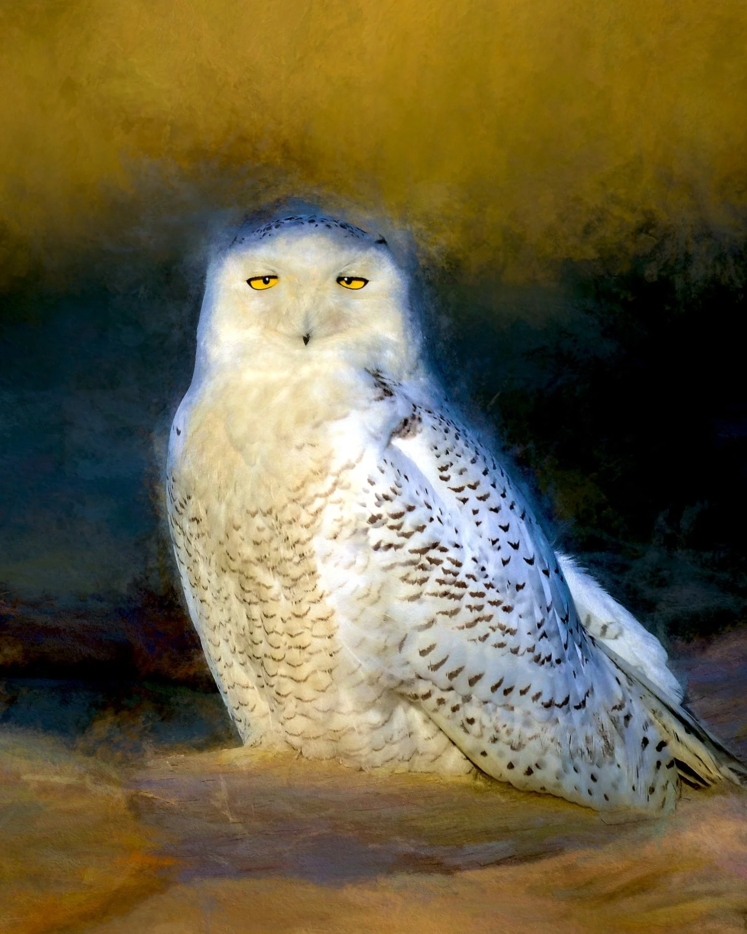 close up portrait of snowy owl with brilliant yellow eyes, driftwood scene with dark background, chalky paint technique on photo, colors of white and brown