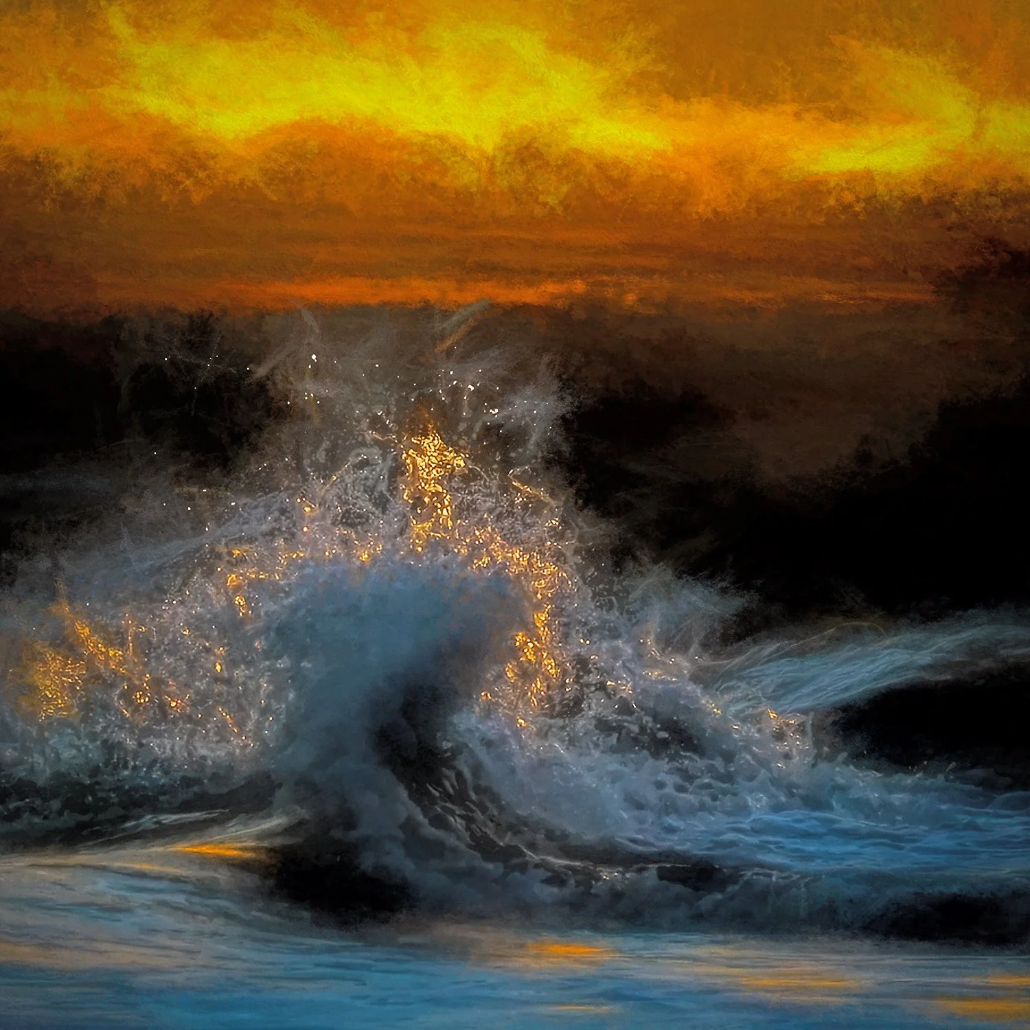 sacred heart ex voto shaped wave with beautiful sunset background, dramatic and emotional, colors of whites black orange and yellow