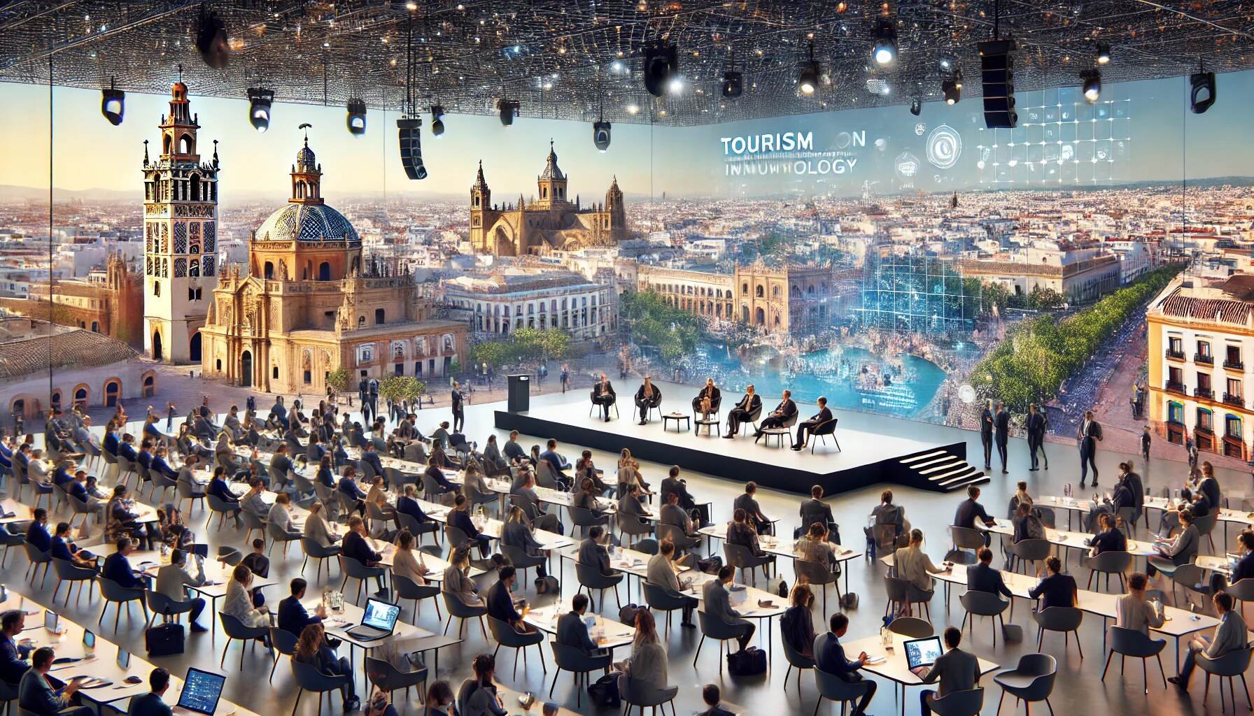 A large conference room with many attendees facing a stage, where a panel of speakers discusses tourism and immunology. A giant digital screen behind them displays a cityscape of historic buildings and the words 'TOURISM' and 'IMMUNOLOGY'.
