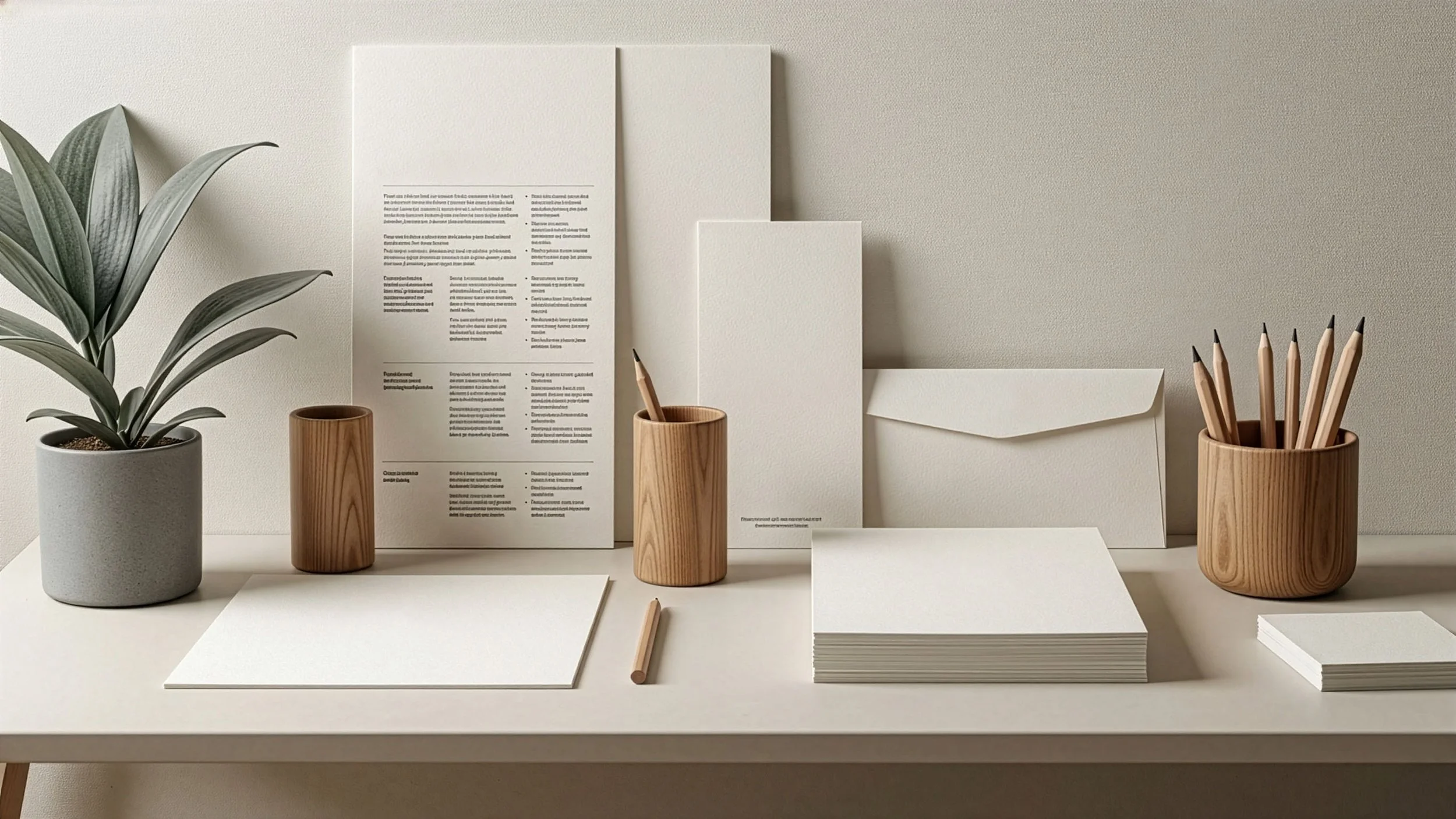 Une composition minimaliste de différents supports de communication imprimés et de couleur minimaliste.