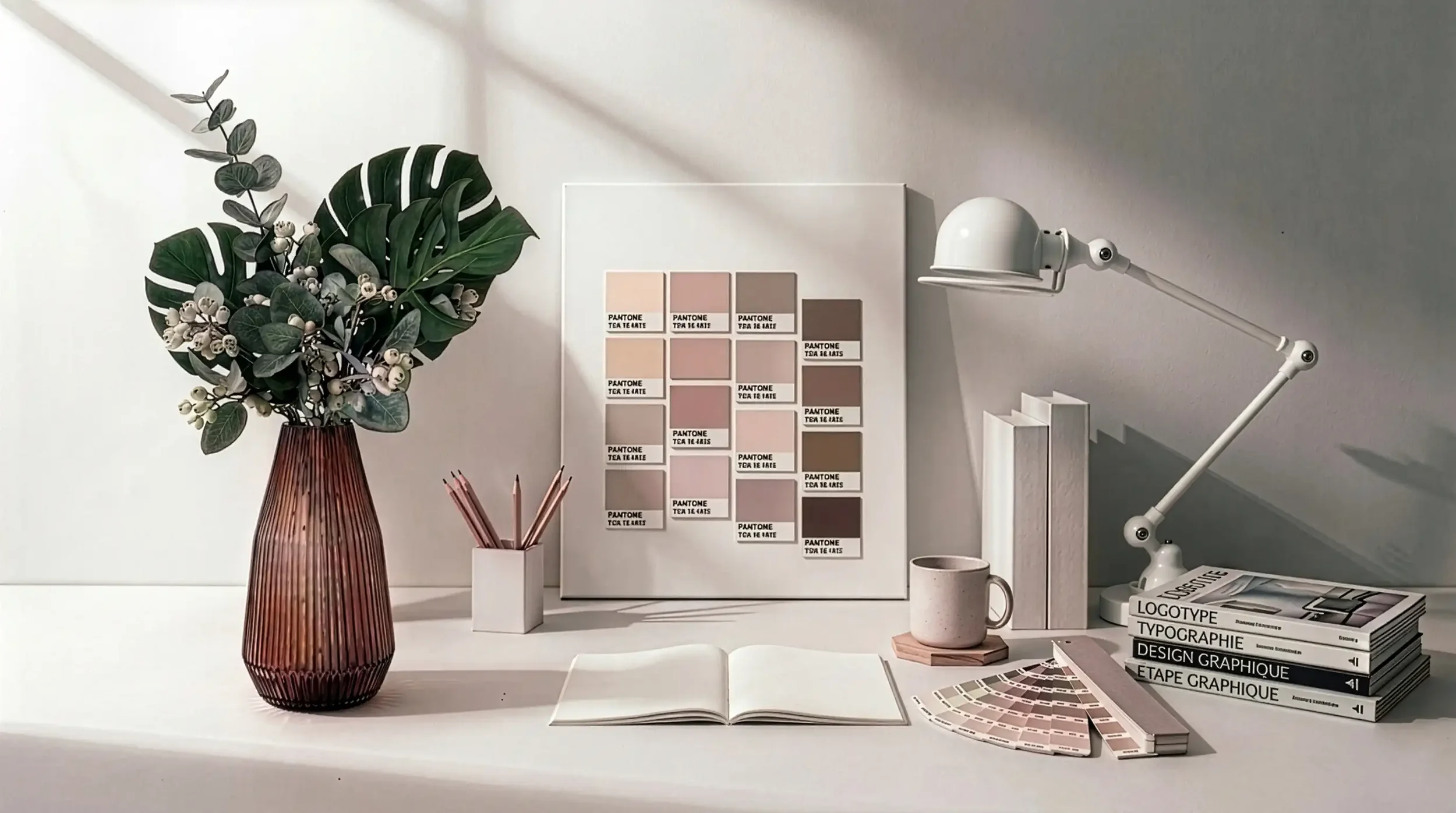 Bureau de direction artistique avec nuanciers Pantone illustrant la création d’identité visuelle par Mathilde Lafargue
