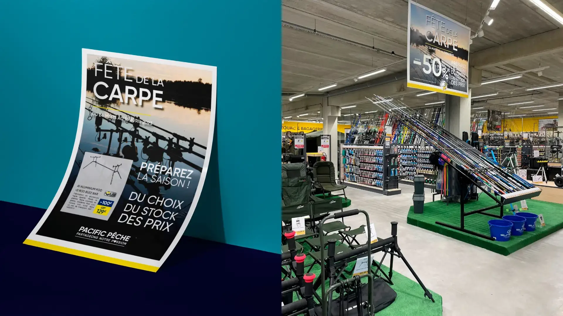 Publicité sur le lieu de vente en magasin mettant en avant les produits et la nouvelle identité visuelle Pacific Pêche