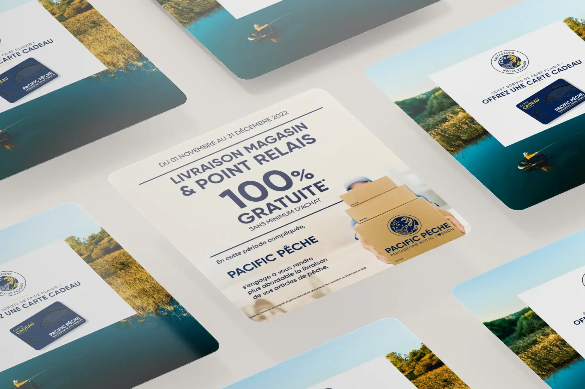 Exemples de visuels pour les réseaux sociaux déclinant la nouvelle identité visuelle Pacific Pêche