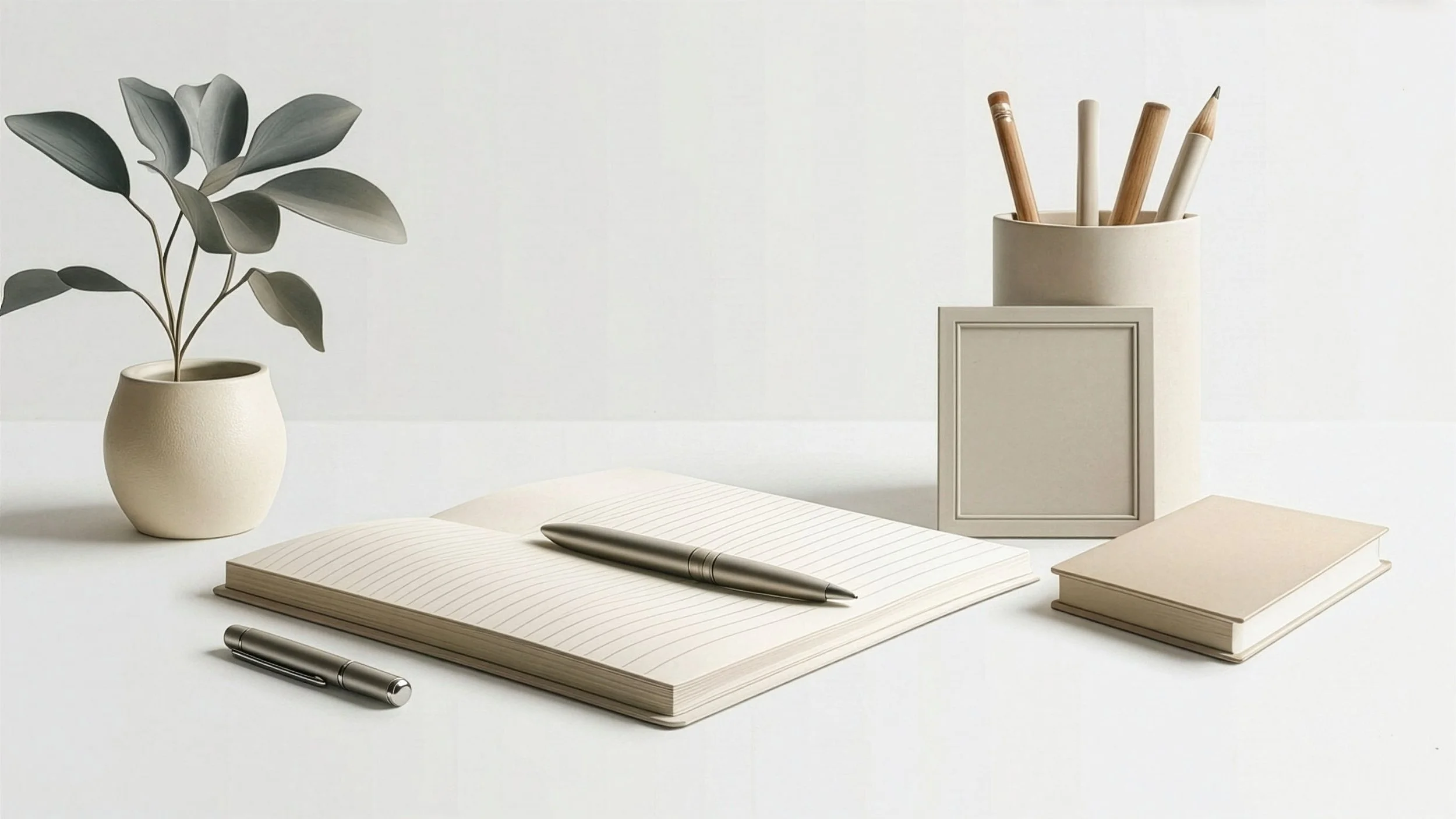 Une table avec un cahier ouvert, deux stylos, un carnet, et plusieurs livres illustrant un audit de marque réalisé par Mathilde Lafargue, Directrice Artistique à Montpellier.