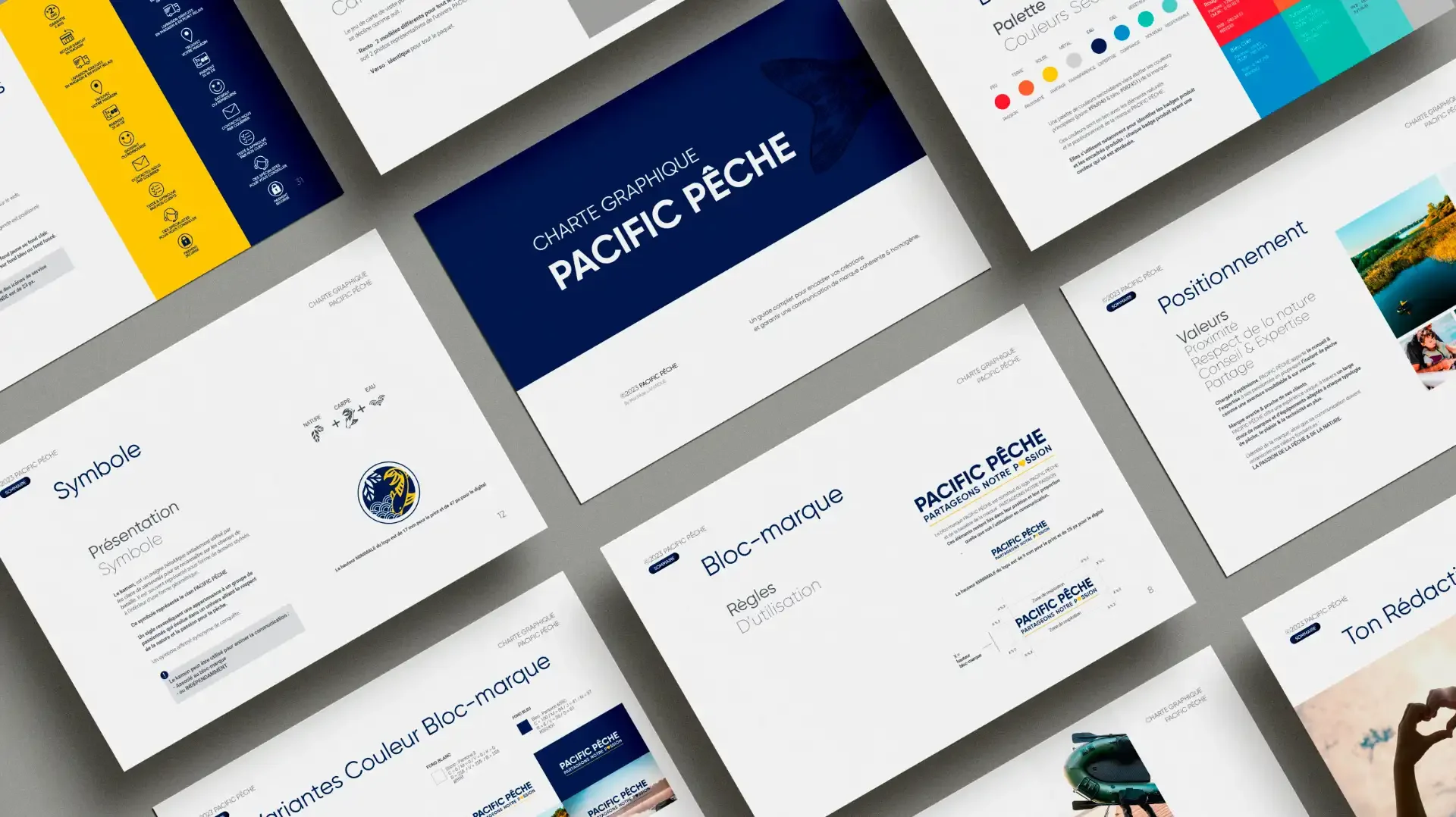 Slides de la charte graphique PACIFIC PÊCHE illustrant le travail de direction artistique et de branding stratégique