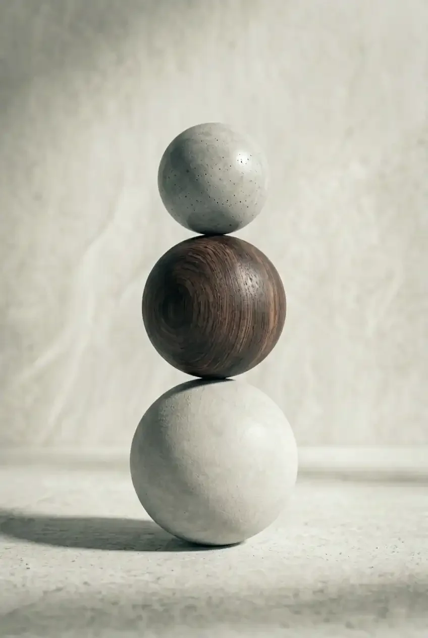 Objets géométriques empilés symbolisant la structuration et l’équilibre d’une stratégie de marque et d’une identité visuelle