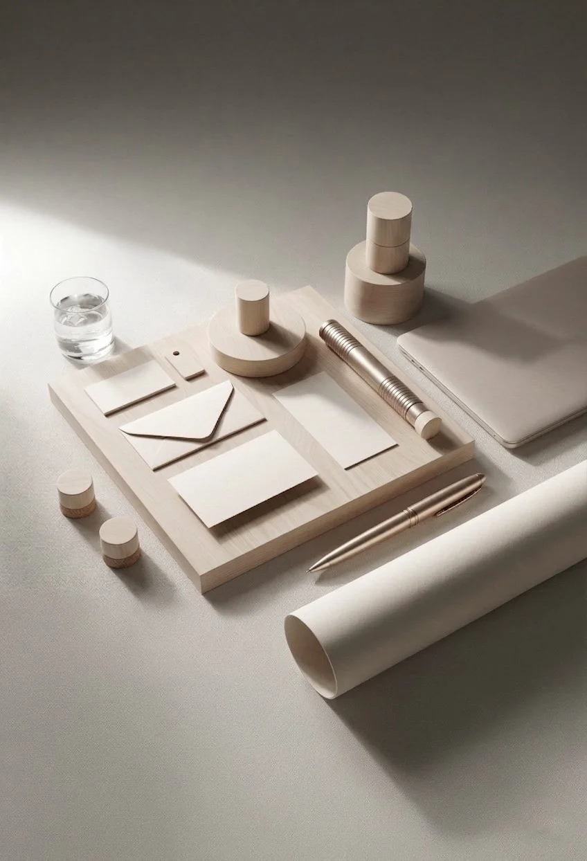 Accessoires de bureau illustrant la stratégie de branding avec définition du positionnement de marque et accompagnement global en identité visuelle