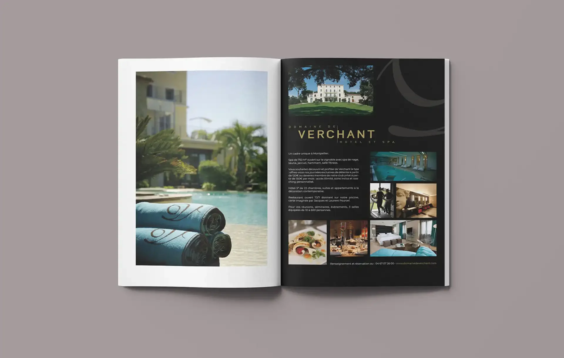 Mise en page éditoriale pour la communication d’un hôtel haut de gamme, par Mathilde Lafargue