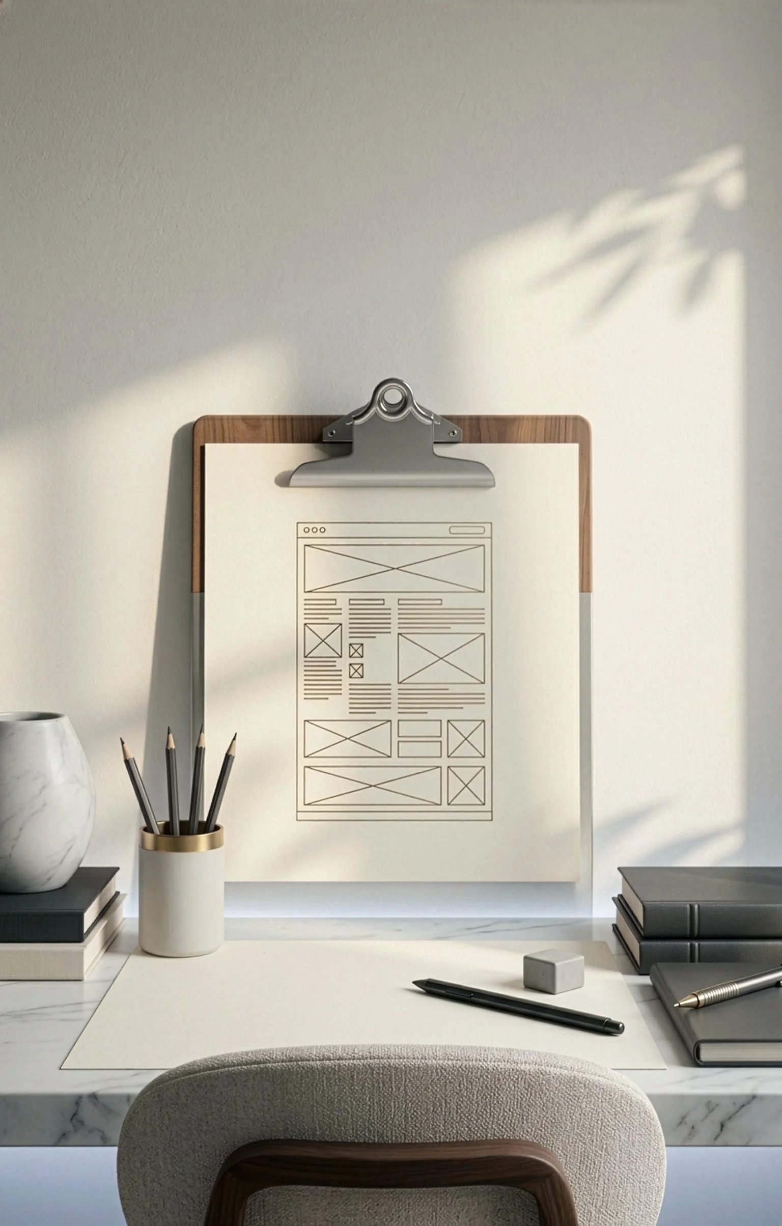 Bureau de travail organisé dans un univers minimaliste de direction artistique, avec tableau blanc de réflexion, papeterie, livres et accessoires créatifs, suggérant une phase d’analyse et de structuration d’identité de marque.