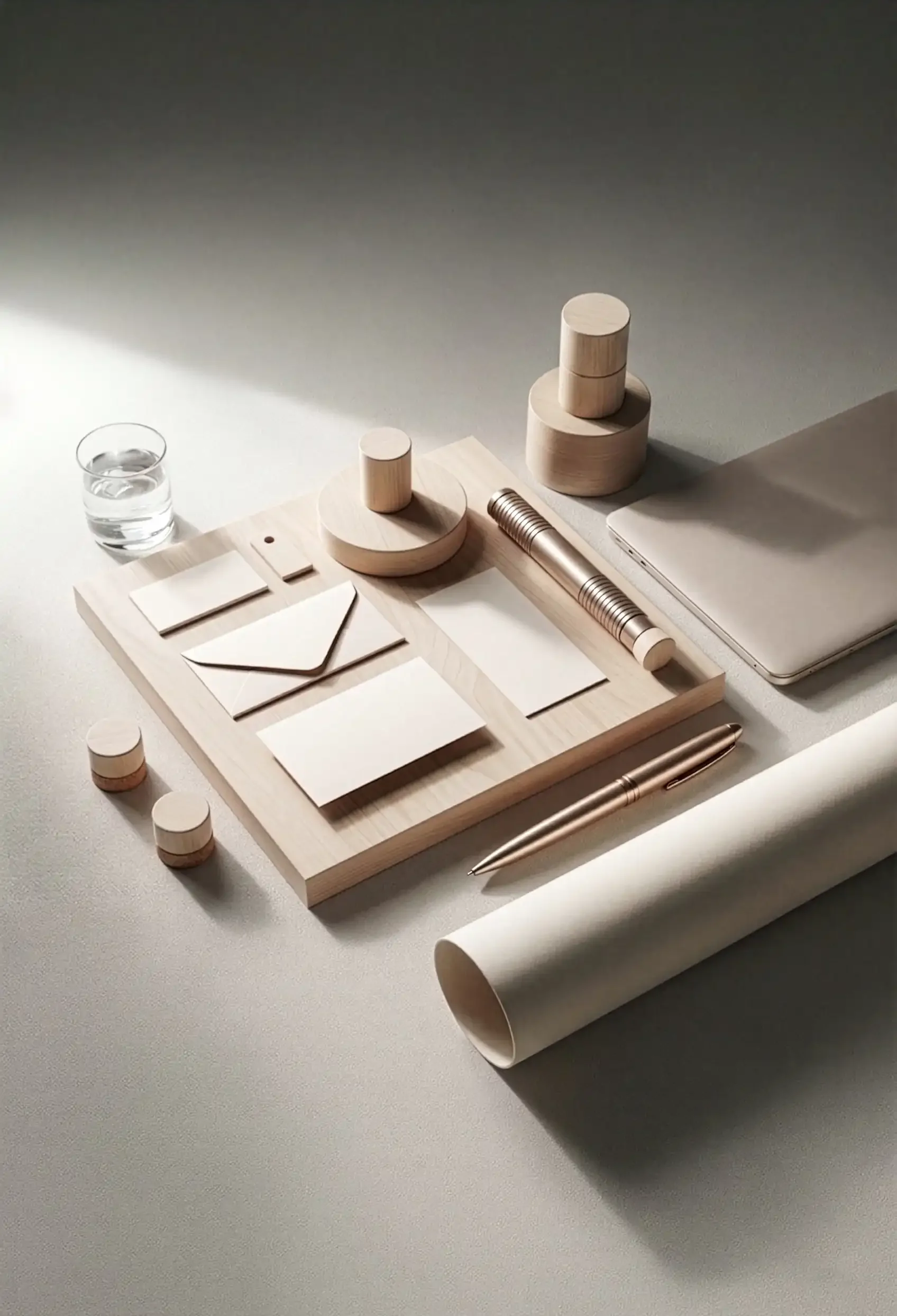Une table avec des objets en bois blanc, comprenant des cylindres, un plateau avec des notes autocollantes, un verre d'eau, un stylo, un rouleau de papier, un carnet, et une lampe ou objet cylindrique sur le côté.