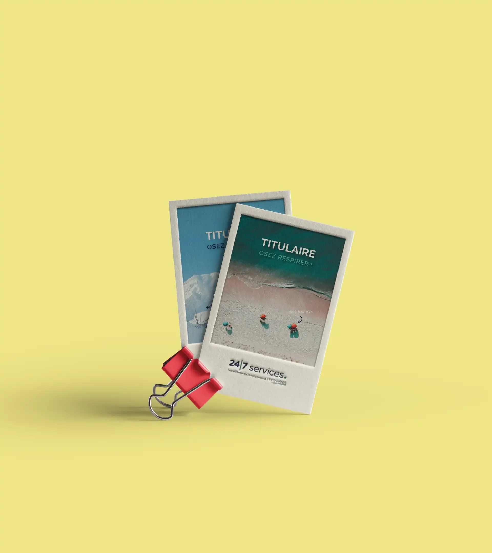 Supports de communication présentés sous forme de polaroids illustrant une campagne de communication B2B conçue par Mathilde Lafargue
