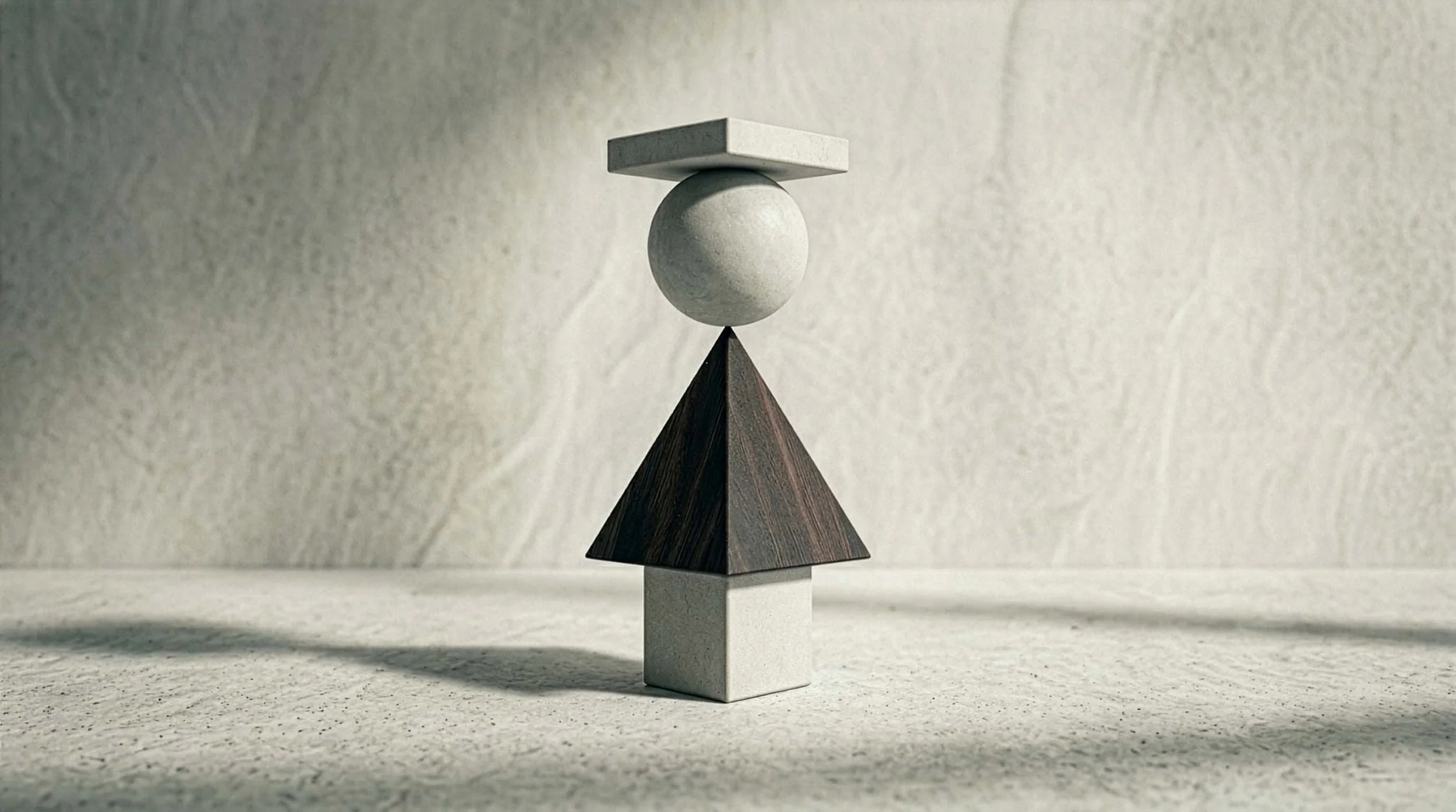 Composition d’objets géométriques en bois et pierre illustrant une approche pédagogique structurée en design et direction artistique