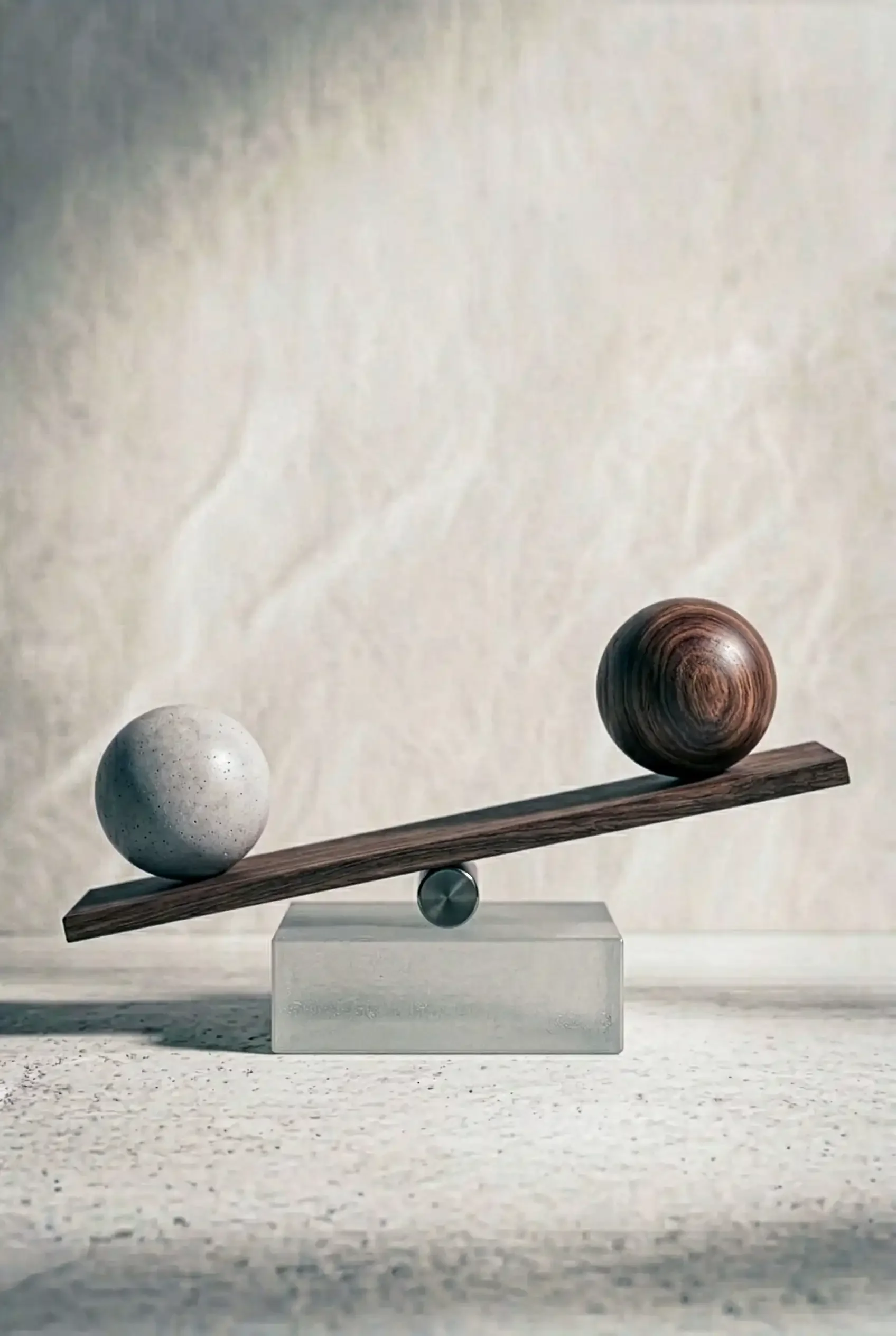 Boule en pierre et boule en bois roulant sur planche qui bascule illustrant le manque de stabilité et de cohérence d’une identité visuelle non structurée