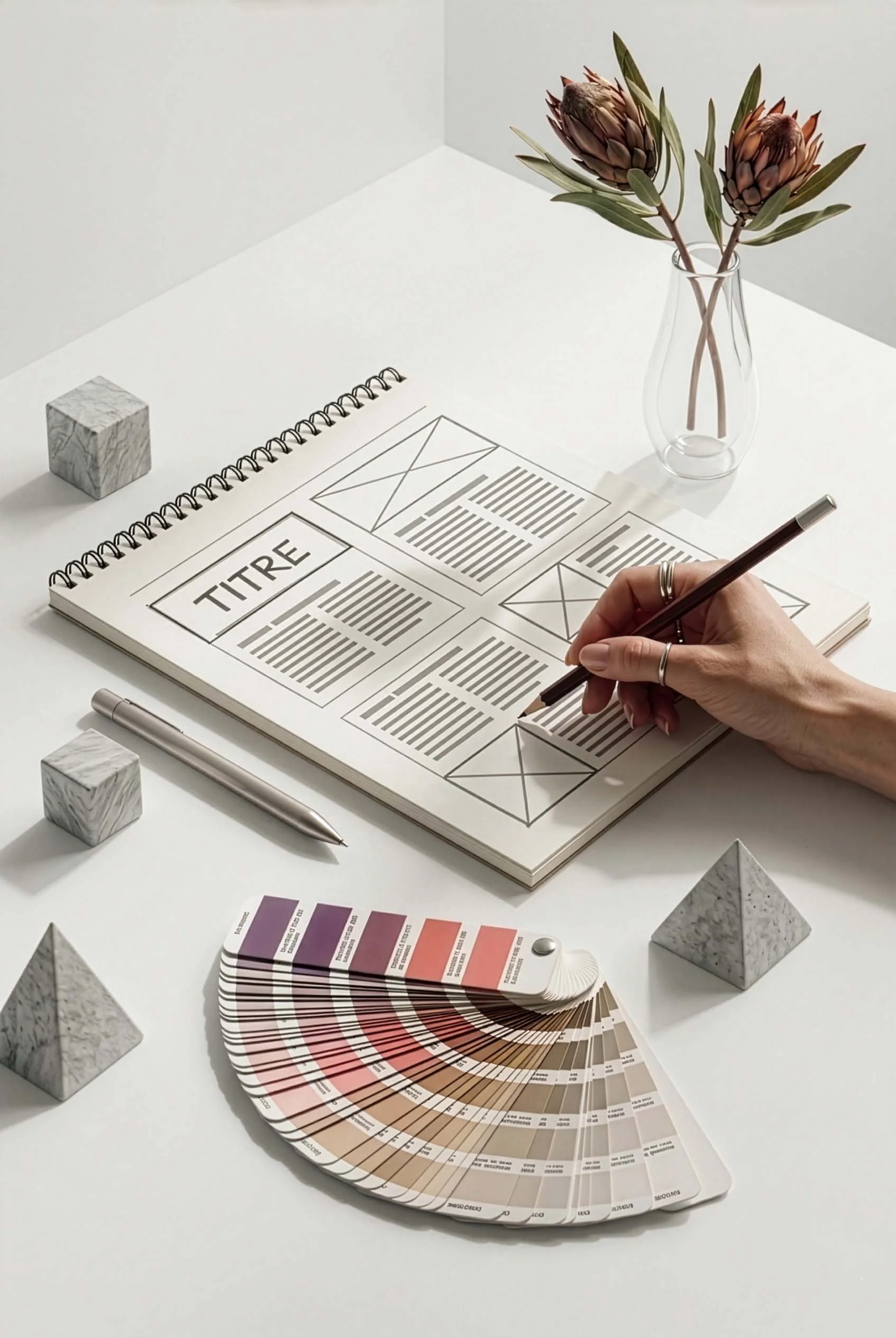 Un Brand designer travaillant à son bureau la stratégie de marque et la mise en page d'un support de communication