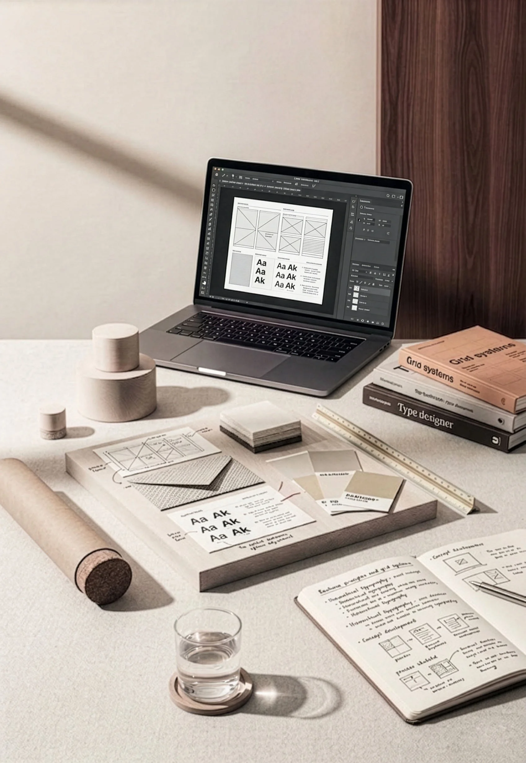 Bureau de professeur en direction artistique avec supports de design graphique, illustrant l’enseignement premium de Mathilde Lafargue