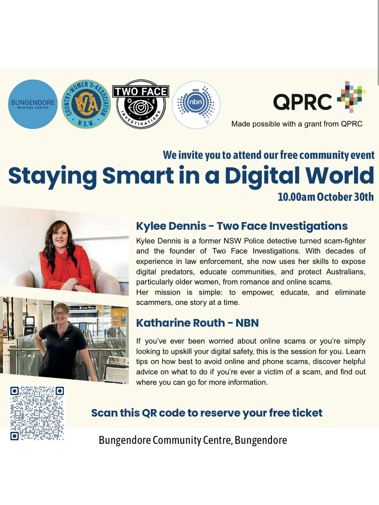 CWA Bungendore and Bungendore Medical Centre present a FREE practical and engaging session on &lsquo;Staying Smart in a Digital World&rsquo;

FREE Tickets available on eventbrite 

Staying Smart in a Digital World
📅 10.00am, Wednesday 30th October
?