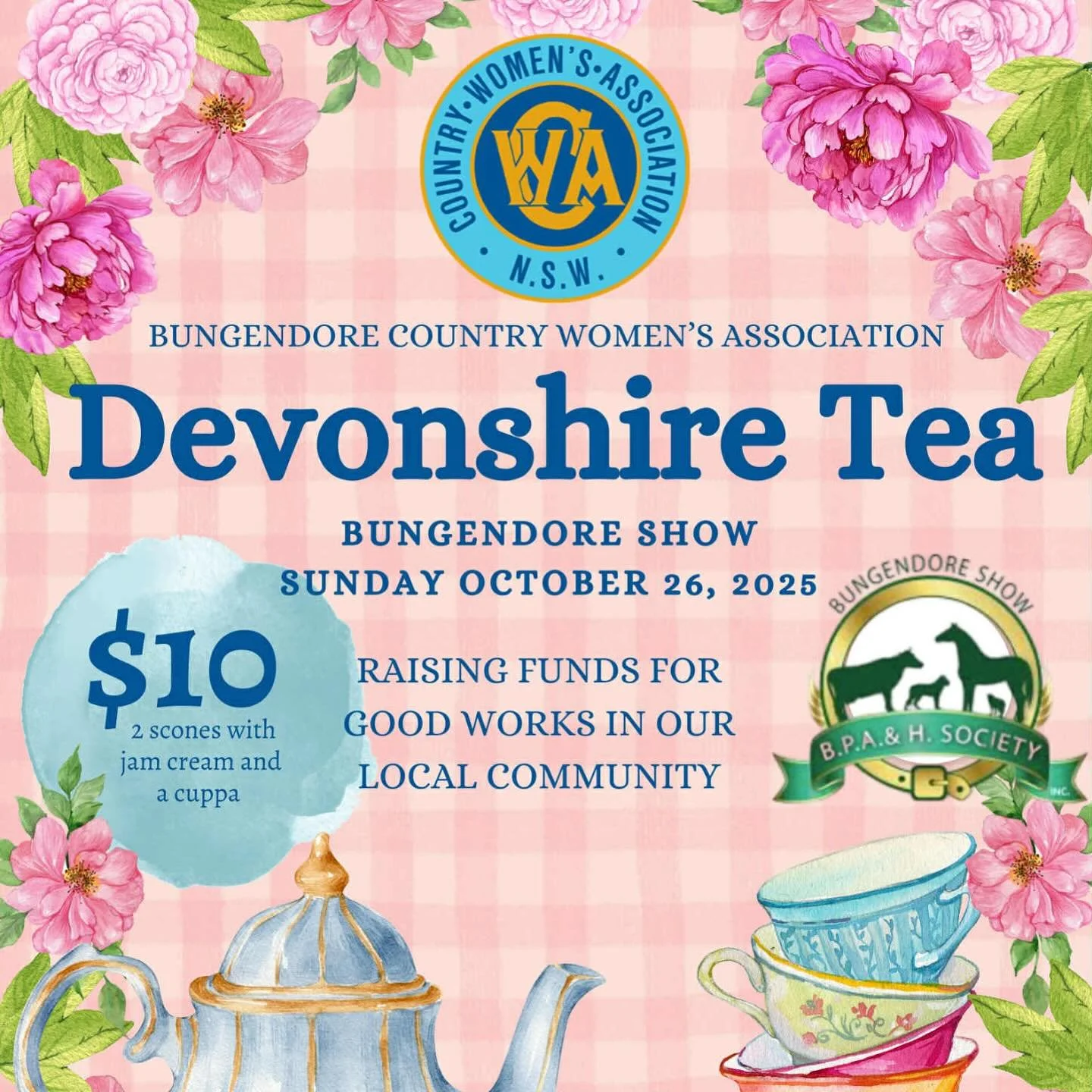 ✨ Join us for Devonshire Tea at the Bungendore Show! ✨
The Bungendore CWA will be serving up delicious scones with jam, cream and a cuppa for just $10 🍓☕️

Come along this Sunday, 26 October, enjoy the show, and help raise funds for good works in ou