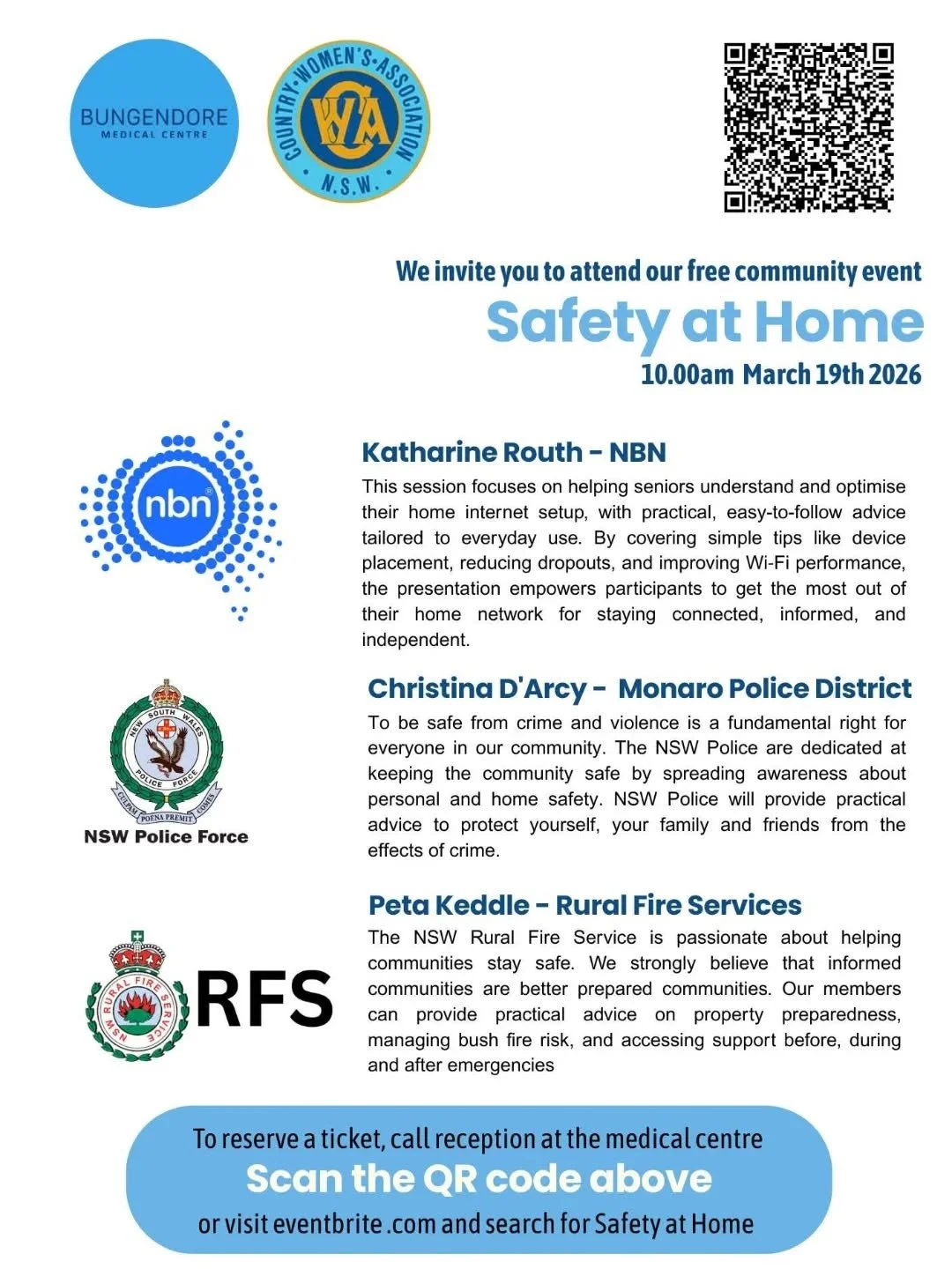 Join us for a talk on safety. Working in collaboraton with Bungendore Medical Centre.
 https://www.eventbrite.com.au/e/info-session-safety-at-home-tickets-1983579660160?aff=oddtdtcreator