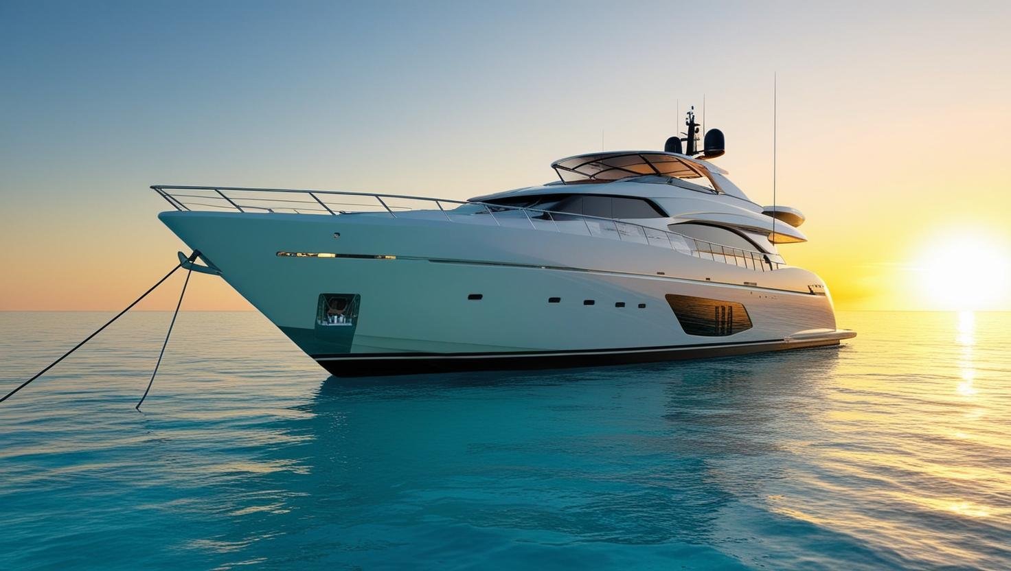Luxury yacht anchored on calm ocean at sunset