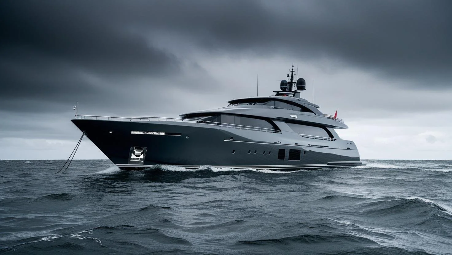Luxury yacht navigating through rough seas under a cloudy sky.