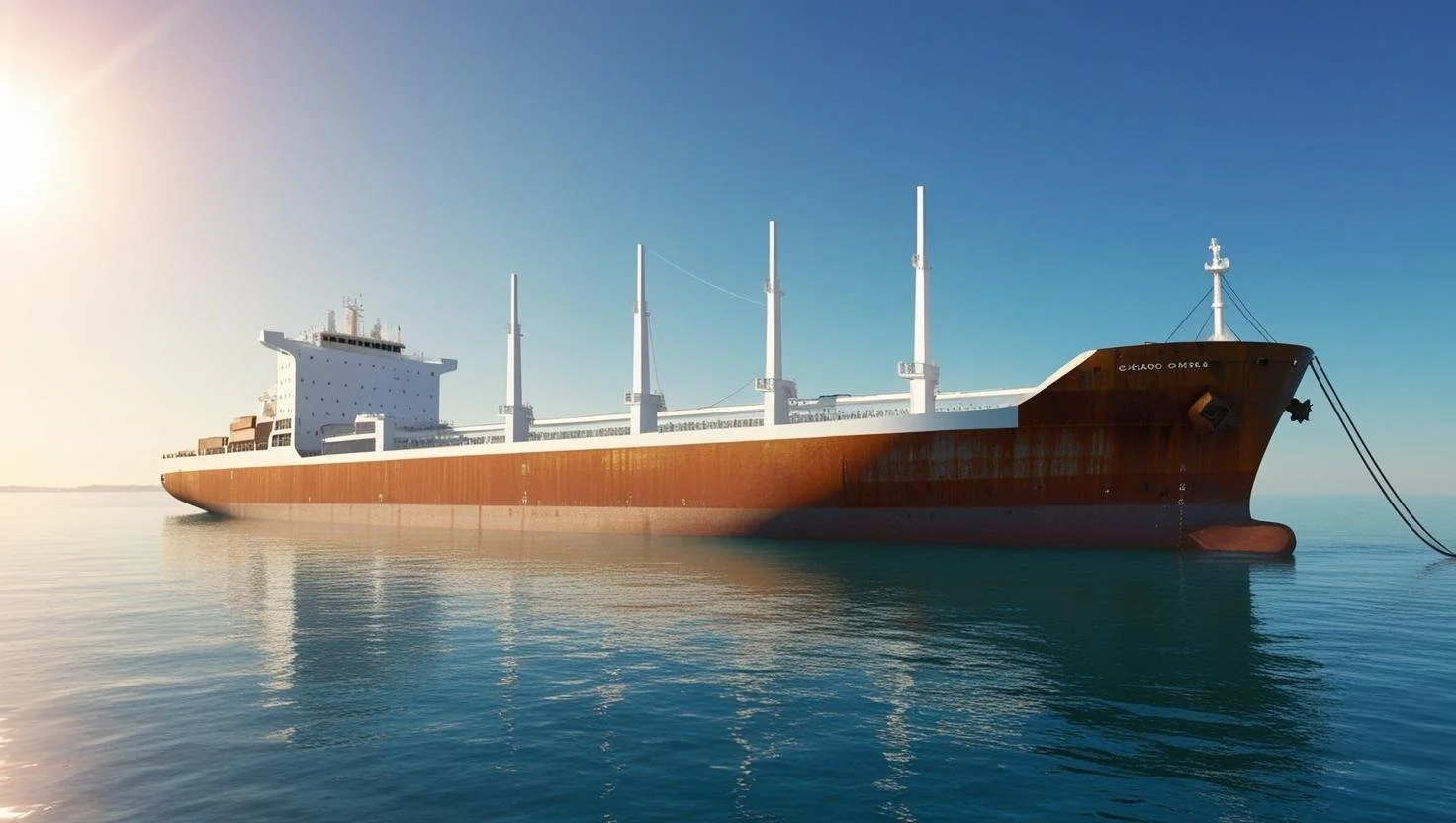 Large cargo ship on calm sea under clear blue sky