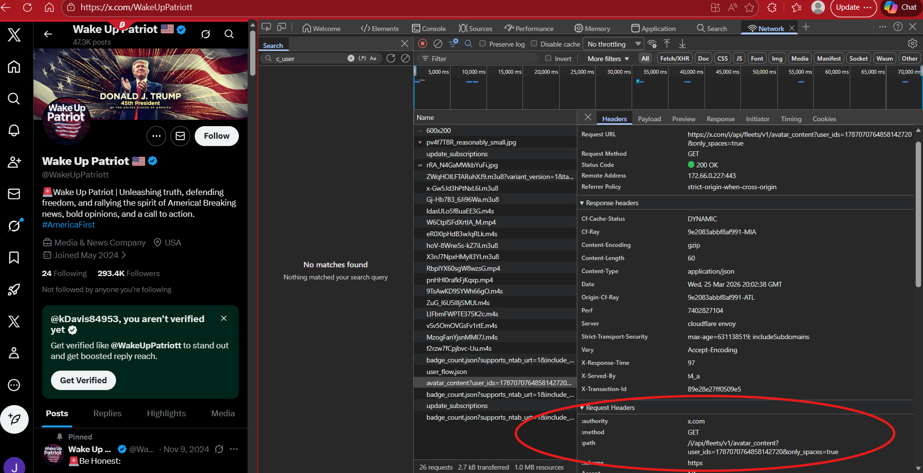 Screenshot of Wake Up Patriot social media profile featuring a profile banner with Donald Trump and American flag, and a display of network request details from a browser inspector.