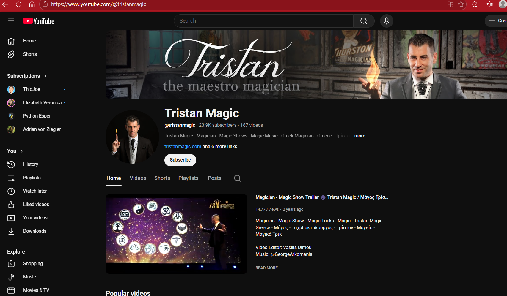 YouTube channel page of Tristan Magic, a magician, featuring his profile picture and banner with a man performing a magic trick with fire.