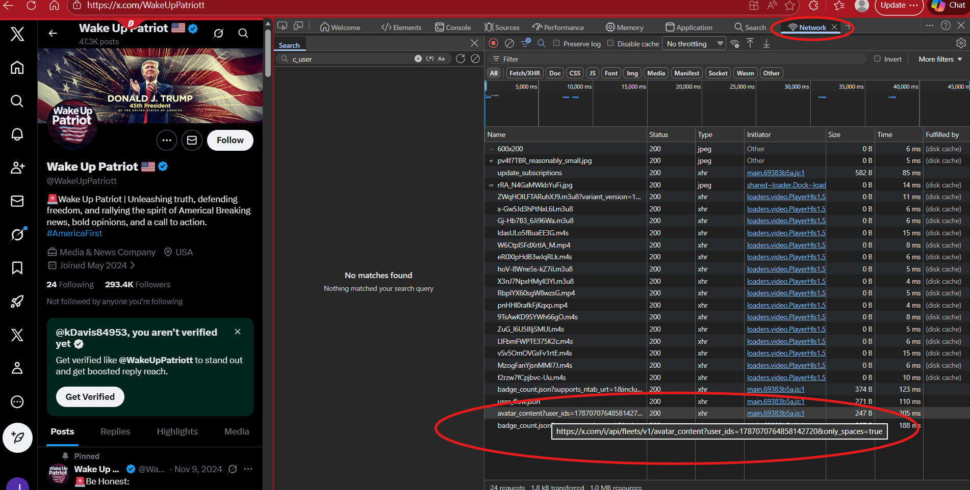 Screenshot of a Twitter profile for Wake Up Patriot with a verification badge, displaying posts and follower count, viewed in browser developer tools showing network activity, including data requests about avatar content with a URL and user ID.
