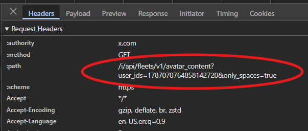 A computer screen displaying network request headers, highlighting an API request URL for avatar content in red.