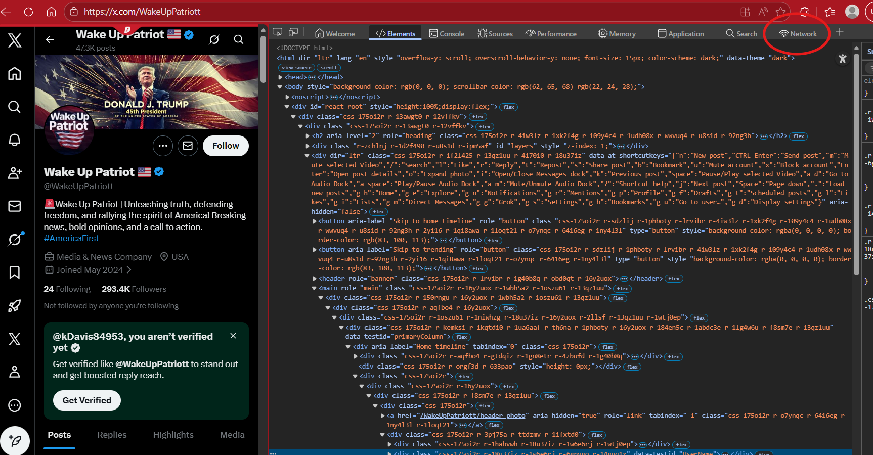 Screenshot of a social media profile for Wake Up Patriot, showing the profile picture, description, follower count, and website in browser developer tools.