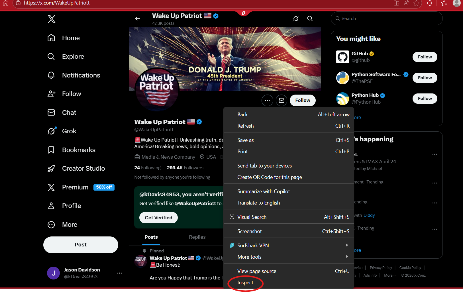 Screenshot of a Twitter profile page for Wake Up Patriot, featuring a cover photo of Donald Trump with fireworks and an American flag in the background, and a profile picture with a patriotic logo.