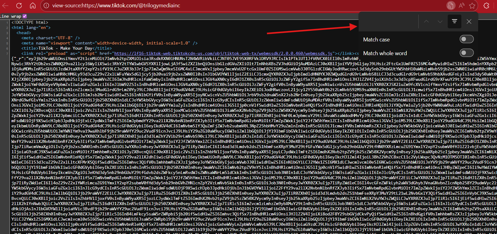 A webpage with HTML code visible in the background and a right-side panel titled 'Match case' with toggle switches for match case and whole word options. The background includes code snippets with various strings and parameters.