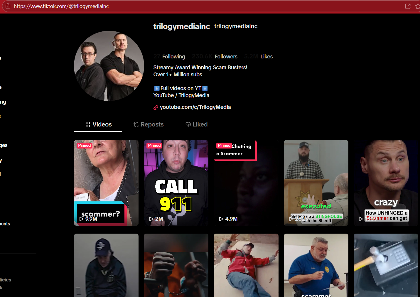 Screenshot of a TikTok profile page for trilogy media, featuring a profile picture of two men, follower statistics, and various video thumbnails, including scenes with people and text overlays related to scams and scammers.