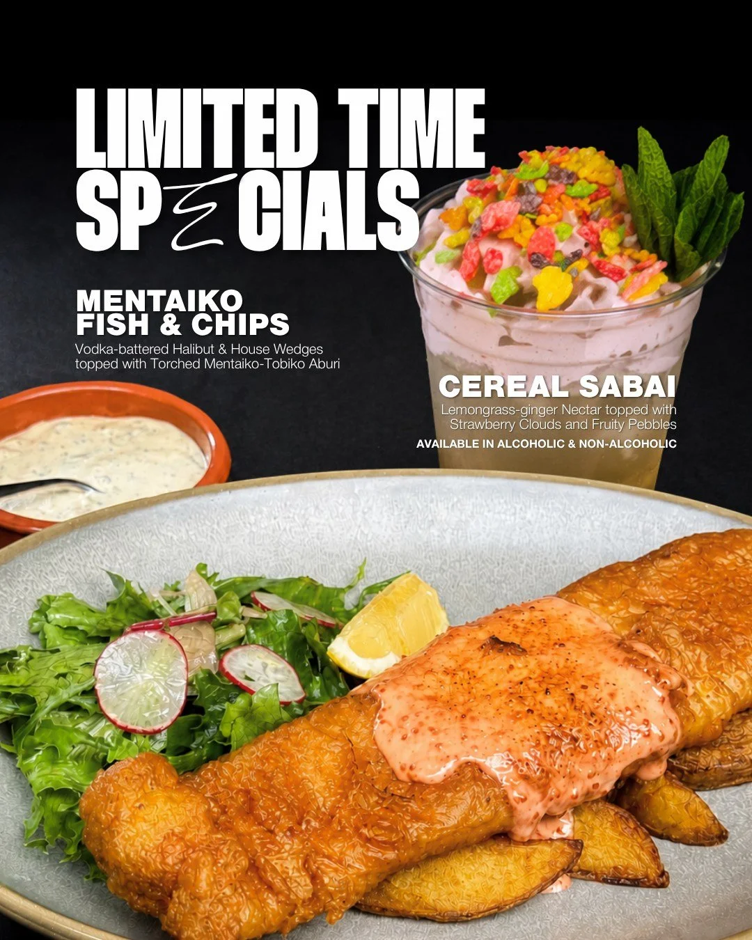Two limited-time specials for the ones who like lunch with a little more personality.

∙ Our recent mentaiko phase turned into 𝗙𝗶𝘀𝗵 &amp; 𝗖𝗵𝗶𝗽𝘀: vodka-battered halibut over house wedges, finished with torched mentaiko-tobiko sauce. It&rsquo;