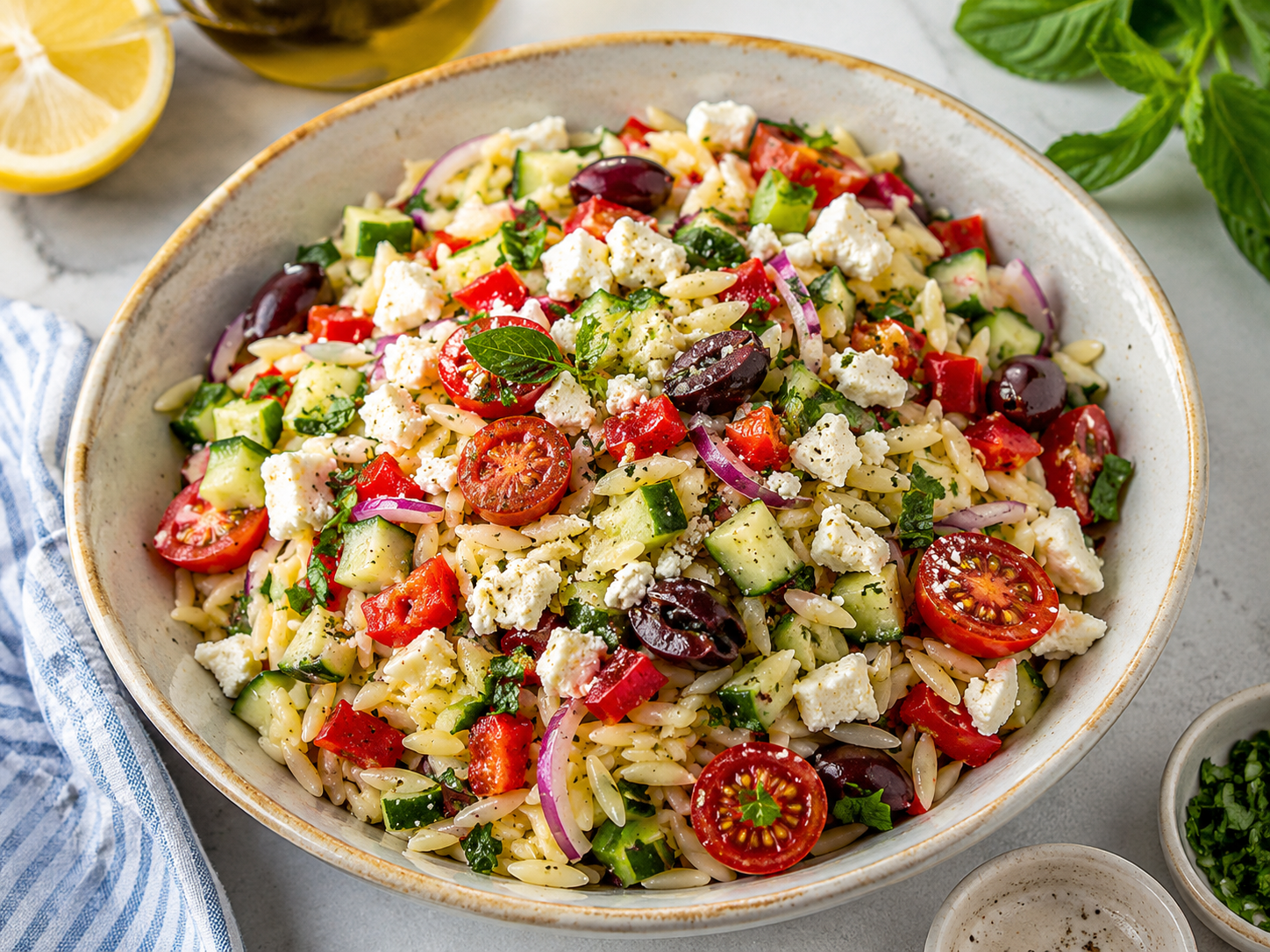 Mediterraner Orzo Feta Salat