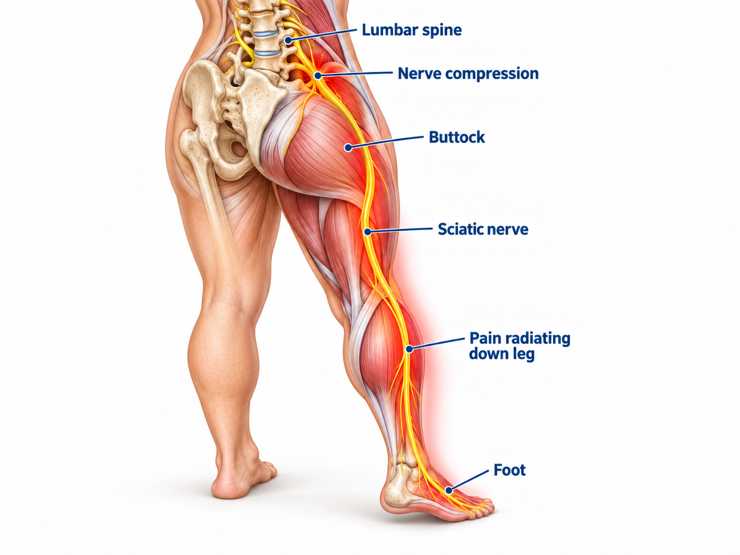 An anatomical diagram of the lower back and leg muscles, highlighting the lumbar spine, nerve compression areas, buttock, sciatic nerve, pain radiating down the leg, and foot.
