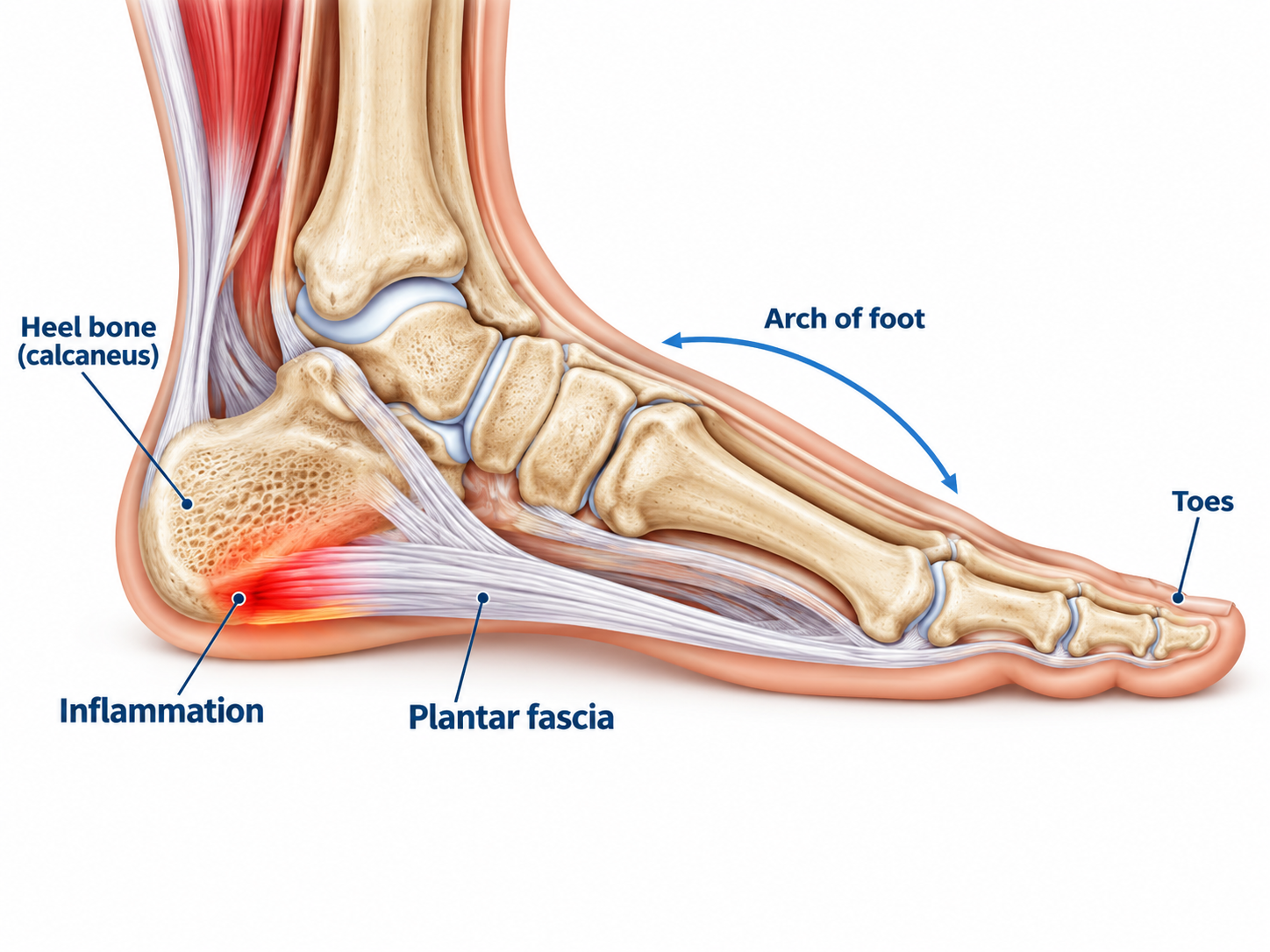 A detailed side view of a human foot's skeletal and muscular structure, highlighting the heel bone (calcaneus), inflammation area, plantar fascia, arch of the foot, and toes.