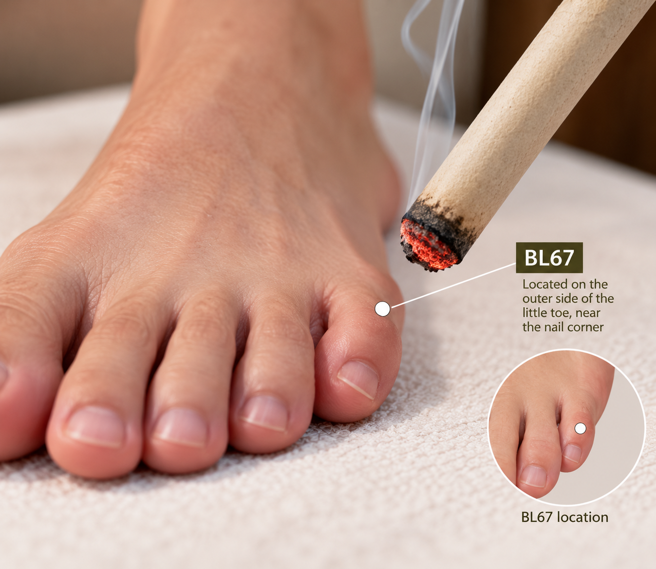 Close-up of a person's foot with a lit moxibustion  resting on the outer side of the little toe, near the nail corner. An annotation indicates the location of BL67 on the toe, near the nail corner, with an inset showing the same location on the foot.