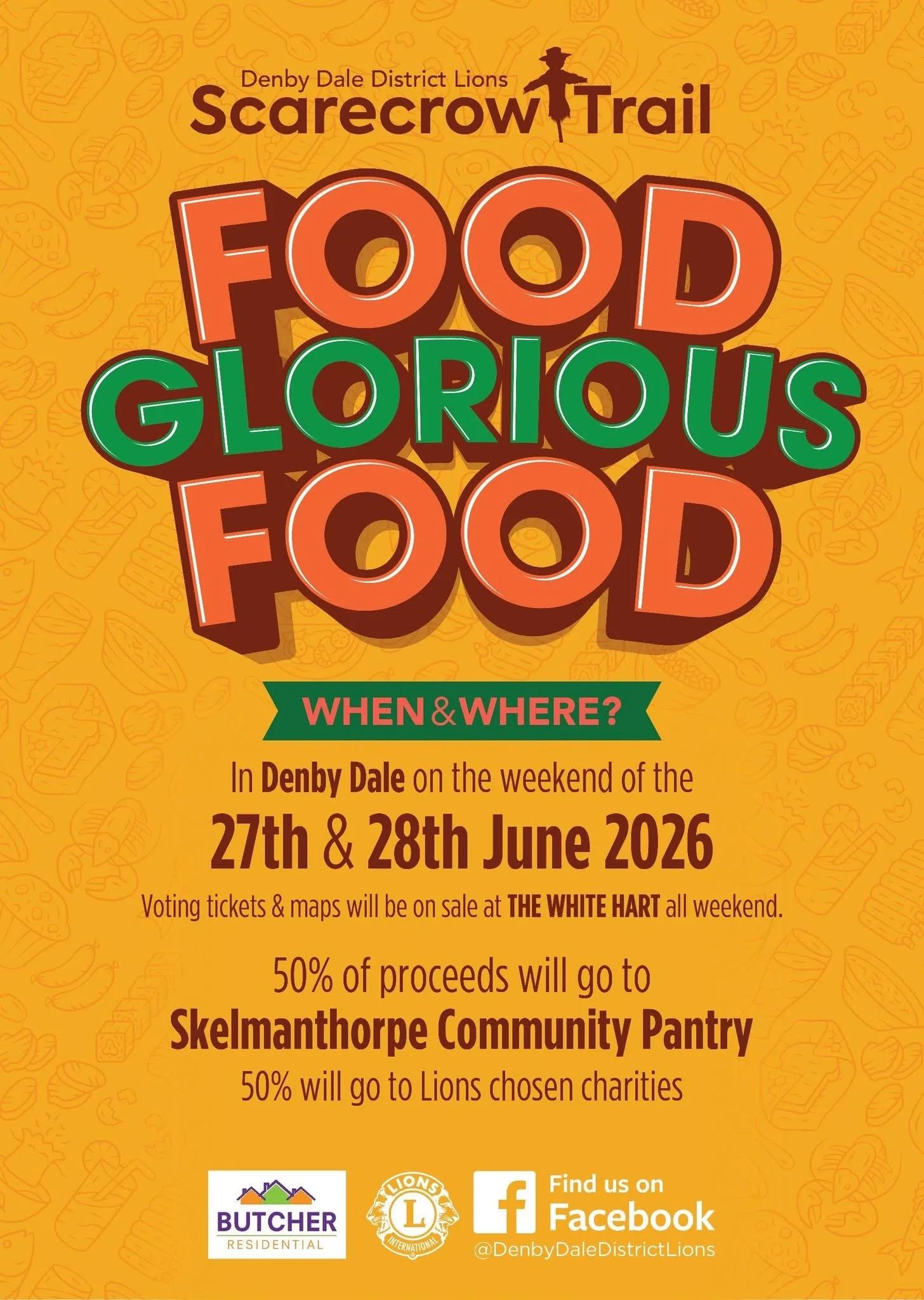 Sign for the Denby Dale District Lions Scarecrow Trail, featuring a cartoon scarecrow wearing a hat and blue suit, with details about the event on August 9th and 10th.