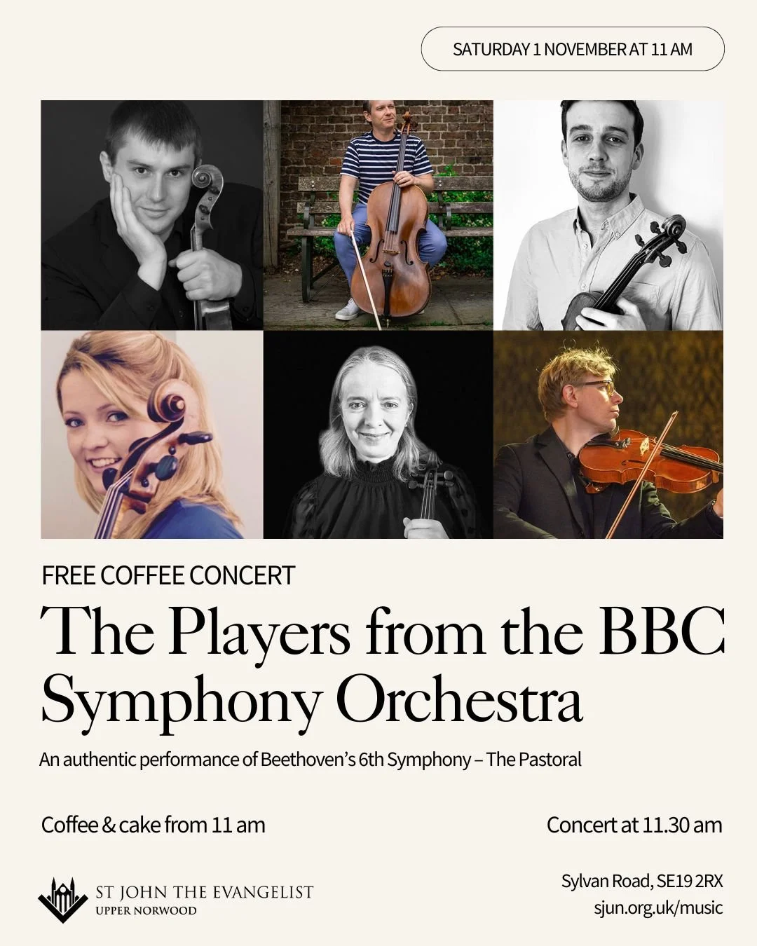 🎻 Join us at St John's, Upper Norwood, on Saturday, 1st November, for a morning of music, coffee, and cakes with The Players from the BBC Symphony Orchestra.

Michael Atkinson, Jane Lindsay, Peter Mallinson, Matthias Wiesner, Stuart McDonald, and Sh