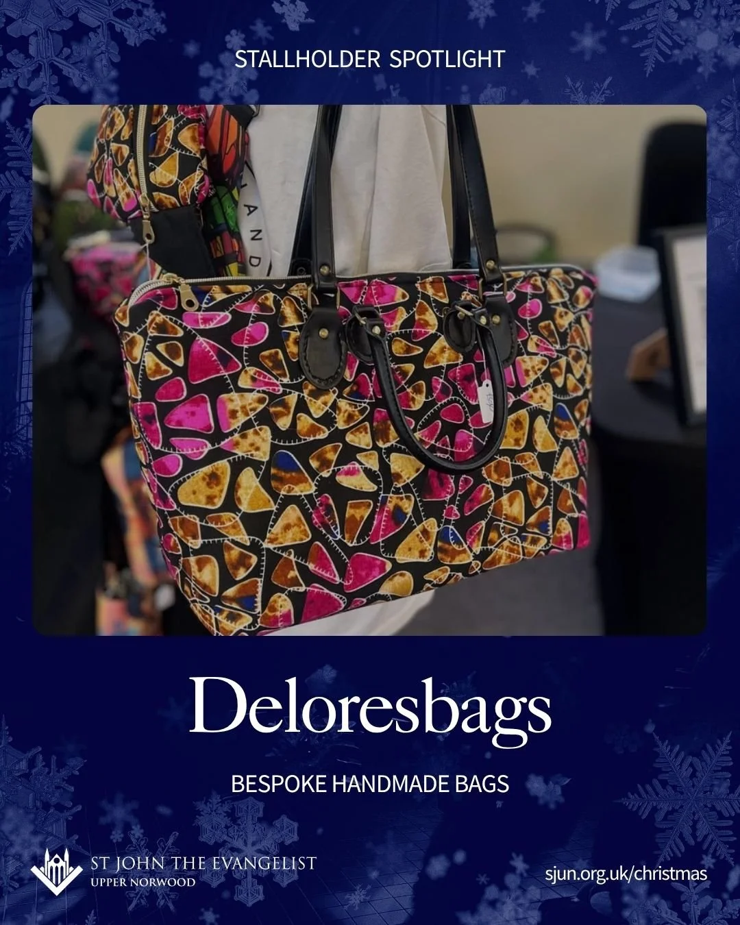 🎄 Stall Spotlight: Sonia Green — Deloresbags
From dressmaking to designing stunning handmade bags, Sonia found her true passion after Covid-19. Each Deloresbag is crafted with care, using beautiful fabrics and a touch of her own creative flai