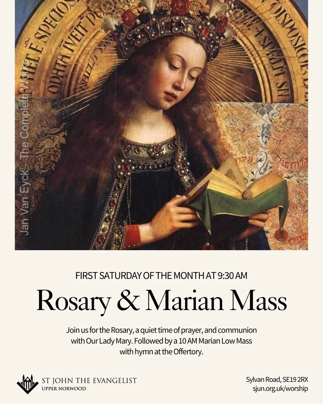🙏 Join us tomorrow morning— and every first Saturday of the month — for a special time of prayer and devotion.
📿 9:30 AM | Rosary, quiet prayer, and communion with Our Lady Mary
✝️ 10:00 AM | Marian Low Mass with hymn at the Offertory