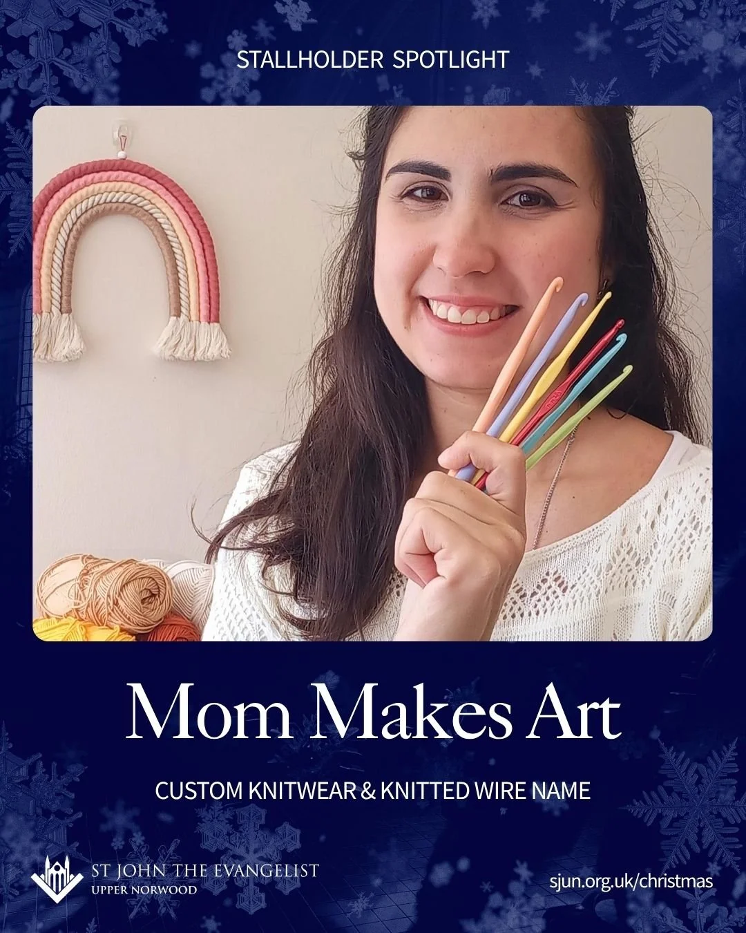 🎨 Stallholder Spotlight: Meet Isa, the creative crochet designer behind Mom Makes Art! ✨

Isa handcrafts personalised crochet creations, from knitted wire names for decoration to hand-embroidered jumpers and rompers. Her collection also features ado