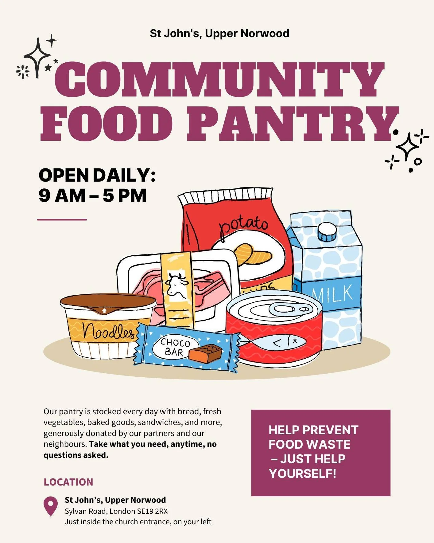 🌟 St John&rsquo;s Upper Norwood Community Food Pantry &ndash; freshly restocked! 🌟

Bread, fresh veggies, baked goods, sandwiches &amp; more &ndash; all free, thanks to Co-Op and our generous neighbours. Take what you need and help stop good food f