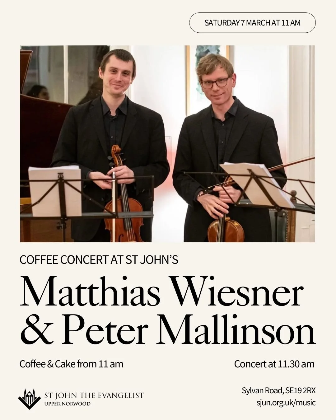 🎻 Exciting music is coming to St John&rsquo;s, Upper Norwood! Join Matthias Wiesner &amp; Peter Mallinson, BBC Symphony Orchestra violists, for a Coffee Concert on Saturday 7 March, exploring the rich world of two-viola music, from classics to moder