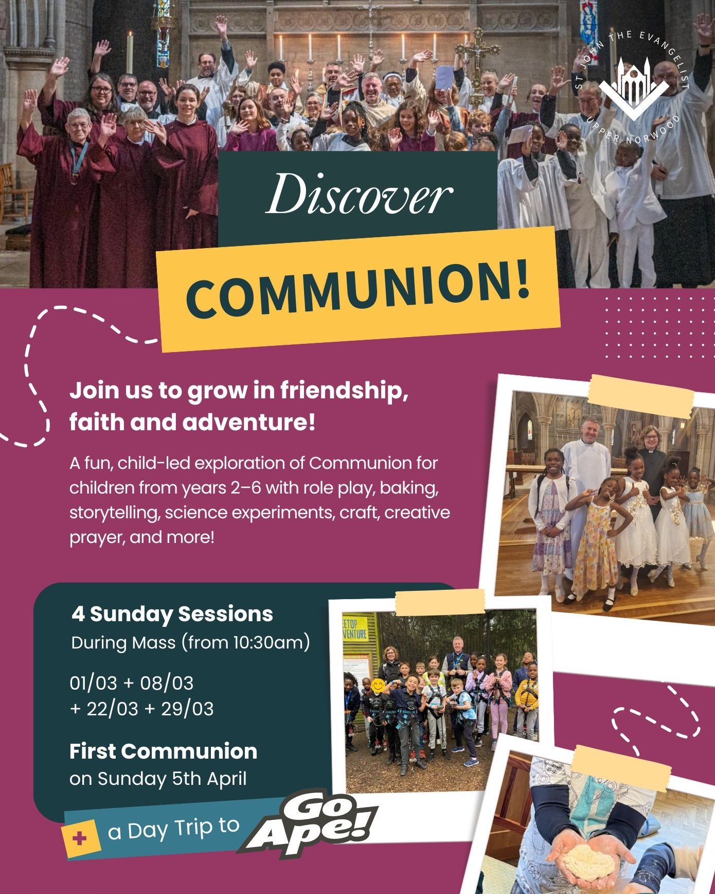 ✨ One week to go! ✨

Our Discover Communion course for ages 7&ndash;11 begins next Sunday during mass, and there&rsquo;s still time to sign up! It&rsquo;s a relaxed, welcoming space where children can explore big questions about faith, church, and Co