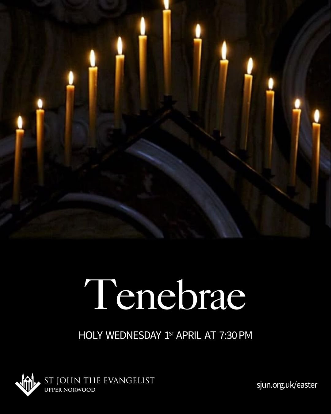 Join us for Tenebrae next week on Holy Wednesday, 1st April at 7:30 PM, sung by the choir of St John's. 🕯️

Following Mass, the choir will lead us through Tenebrae &mdash; an ancient and moving liturgy of darkness and light. Through hauntingly beaut