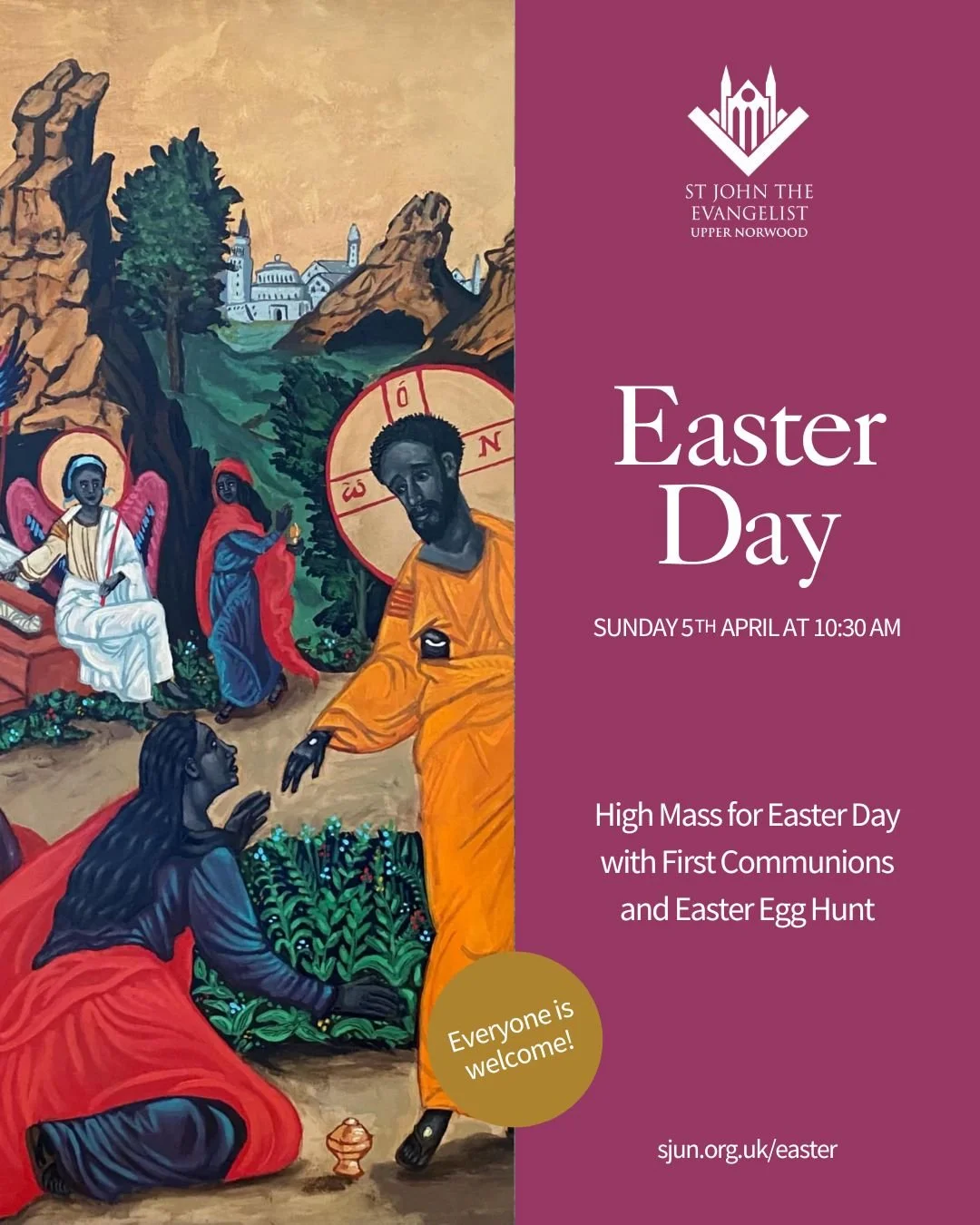 Tomorrow is Easter Day!

Join us at 10:30 AM for Sung High Mass with First Communions, followed by refreshments, a children&rsquo;s Easter Egg Hunt in the Meadow, and a Parish BBQ lunch in the vicarage.

Everyone is welcome 🙏🏽

sjun.org.uk/easter