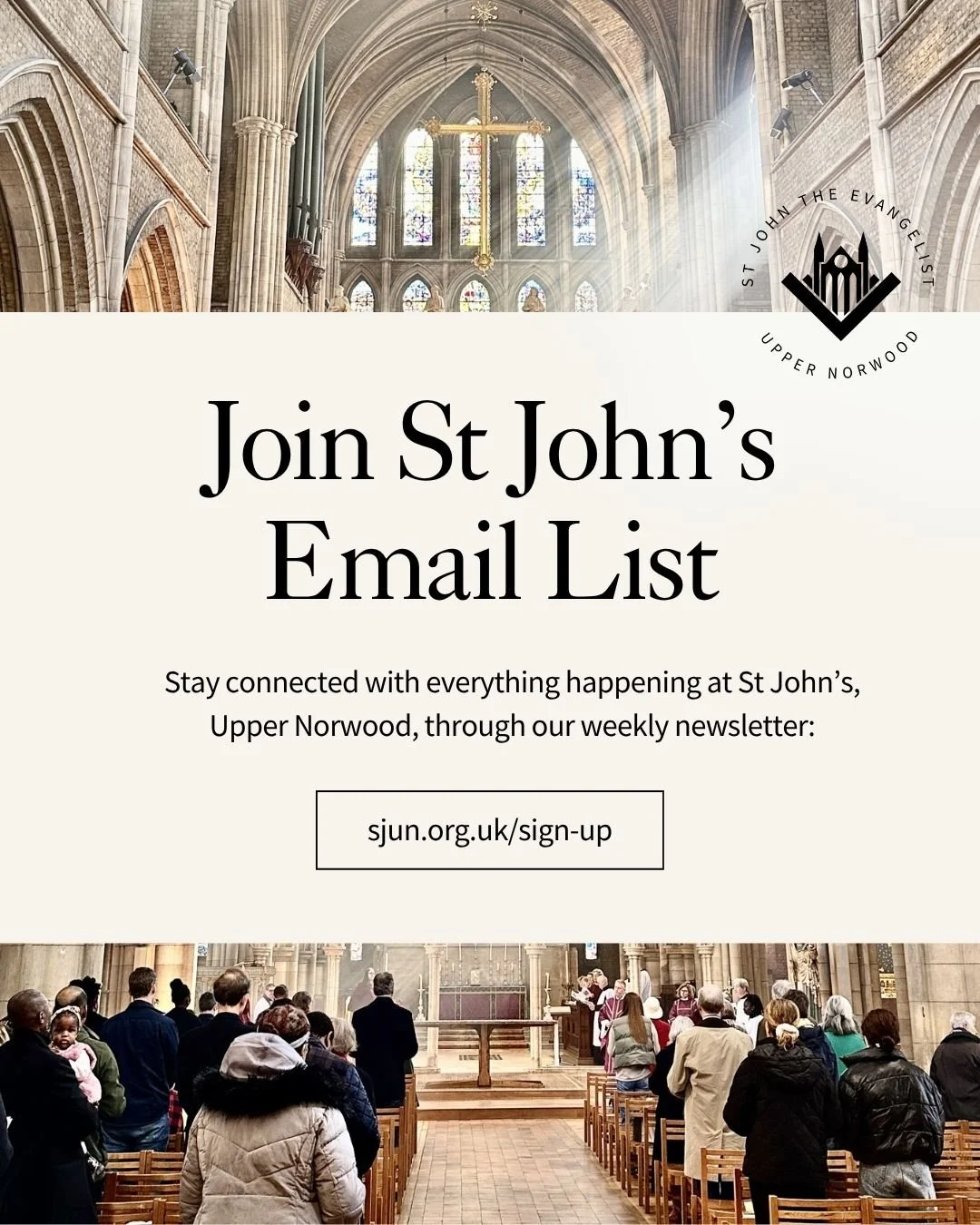 Life at St John's is always full, and we'd love to keep you in the loop. ✨

Join our weekly newsletter for updates on worship services, family events, concerts, and all the ways you can get involved.

Be part of the community. Sign up here: sjun.org.